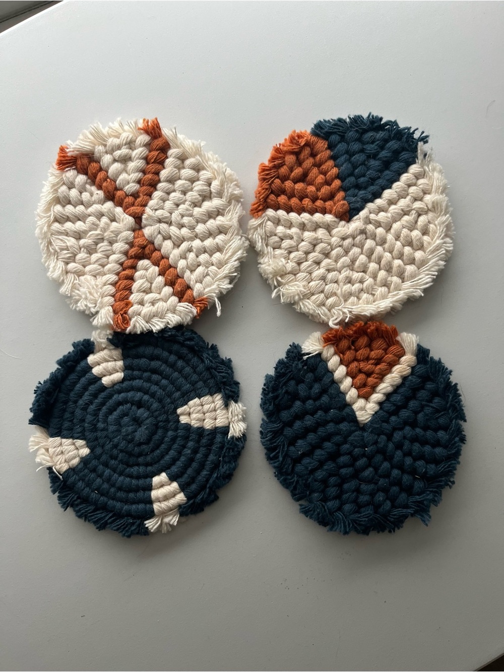 Handwoven Round Cotton Coasters - Navy, Ivory & Rust decor
